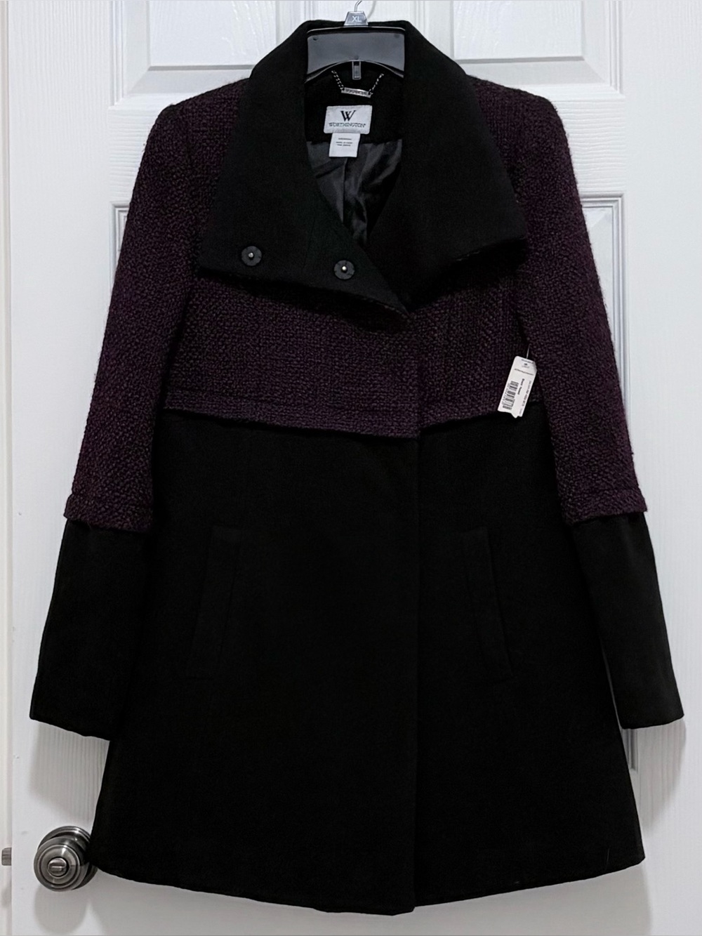 Worthington Colorblock Tweed Funnel Neck Wool Blend Coat Black & Purple Medium